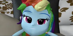 Size: 1366x681 | Tagged: suggestive, artist:popa-3d-animations, derpibooru import, rainbow dash, human, equestria girls, 3d, bed, bedroom eyes, censored, clothes, cropped porn, image, jpeg, looking at you, solo