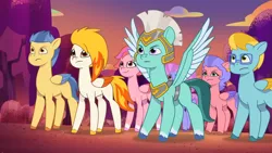 Size: 3072x1727 | Tagged: safe, derpibooru import, screencap, pegasus, pony, my little pony: tell your tale, spoiler:g5, spoiler:my little pony: tell your tale, spoiler:tyts01e42, female, firework-ing together, flare (g5), flying, frown, g5, high res, image, jpeg, male, mare, pegasus royal guard, royal guard, smiling, spread wings, stallion, thunder (g5), windy (g5), wings, youtube link