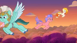 Size: 3072x1727 | Tagged: safe, derpibooru import, screencap, pegasus, pony, my little pony: tell your tale, spoiler:g5, spoiler:my little pony: tell your tale, spoiler:tyts01e42, female, firework-ing together, flare (g5), flying, g5, high res, image, jpeg, male, mare, pegasus royal guard, royal guard, spread wings, stallion, thunder (g5), windy (g5), wings, youtube link