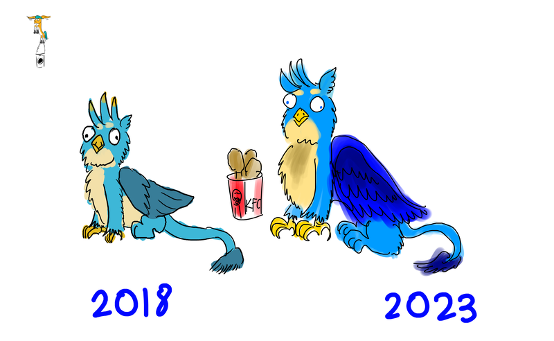 Size: 5200x3200 | Tagged: safe, artist:horsesplease, derpibooru import, gallus, hitch trailblazer, 2018, 2022, comparison, derp, g5, gallus the rooster, gallusposting, image, kfc, png, sad hitch, that griffon sure does love kfc, vulgar description, washing machine