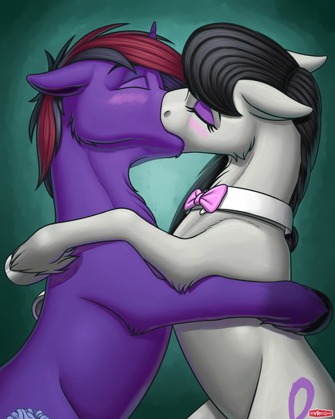 Size: 1536x1920 | Tagged: safe, alternate version, artist:wwredgrave, derpibooru import, octavia melody, oc, oc:slimshod, earth pony, pony, blushing, bowtie, canon x oc, commission, duo, earth pony oc, eyes closed, eyeshadow, female, floppy ears, image, jpeg, kiss on the lips, kissing, makeup, male, mare, stallion, straight, unshorn fetlocks, ych result