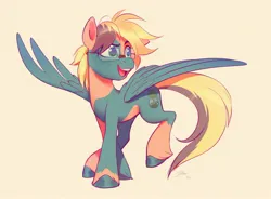 Size: 2896x2137 | Tagged: safe, artist:imalou, derpibooru import, oc, unofficial characters only, pegasus, pony, blonde mane, commission, full body, glasses, green eyes, image, jpeg, looking right, male, pegasus oc, simple background, solo, spread wings, stallion, teal coat, wings
