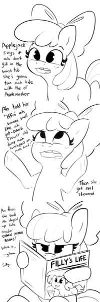 Size: 1584x4752 | Tagged: safe, artist:tjpones, derpibooru import, apple bloom, earth pony, pony, black and white, comic, dialogue, female, filly, foal, grayscale, high res, image, implied applejack, magazine, monochrome, png, reading, simple background, talking to viewer, tooth gap, white background
