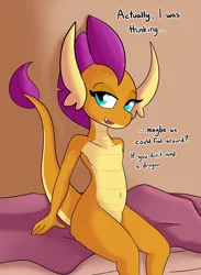 Size: 3168x4332 | Tagged: suggestive, artist:tjpones, derpibooru import, smolder, dragon, bed, bedroom eyes, belly button, dialogue, dragoness, female, high res, image, png, propositioning, sitting, solo, solo female, talking to viewer