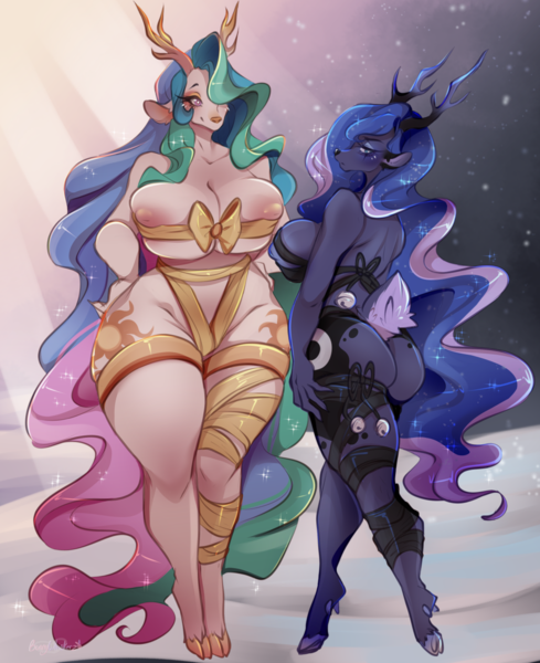Size: 1059x1300 | Tagged: questionable, artist:bunnywhiskerz, derpibooru import, princess celestia, princess luna, anthro, deer, reindeer, unguligrade anthro, areola, ass, big areola, big breasts, breasts, busty princess celestia, busty princess luna, butt, cloven hooves, curvy, deerified, doe, duo, duo female, female, females only, gift wrapped, hair over one eye, hourglass figure, huge breasts, image, moonbutt, nipples, nudity, partial nudity, png, reindeerified, ribbon, sideboob, species swap, thighs, thunder thighs, wide hips