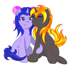 Size: 2550x2550 | Tagged: safe, artist:melody joy, derpibooru import, oc, oc:java, oc:simetra, pony, unicorn, derpibooru community collaboration, 2023 community collab, bow, eyes closed, female, females only, hair bow, image, looking at you, png, simple background, sitting, transparent background