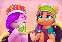 Size: 3400x2300 | Tagged: safe, artist:rivin177, derpibooru import, pipp petals, sunny starscout, earth pony, pegasus, pony, spoiler:g5, spoiler:winter wishday, beanie, bokeh, chocolate, clothes, couch, cup, drink, drinking, ears, eyes closed, food, g5, glass, hat, holding, hooves, image, png, raised hoof, scarf, simple background, sitting, smiling, stars, tea, teeth, underhoof, winter, winter wishday