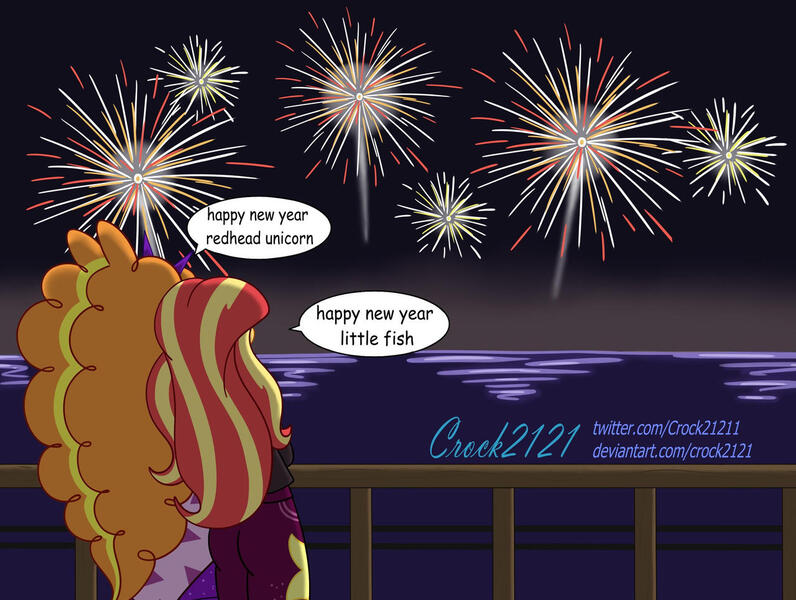 Size: 1280x965 | Tagged: safe, artist:crock2121, derpibooru import, adagio dazzle, sunset shimmer, human, equestria girls, equestria girls series, sunset's backstage pass!, spoiler:eqg series (season 2), 2023, duo, duo female, female, happy new year, holiday, image, jpeg, lesbian, music festival outfit, ocean, shipping, simple background, smiling, sunsagio, water