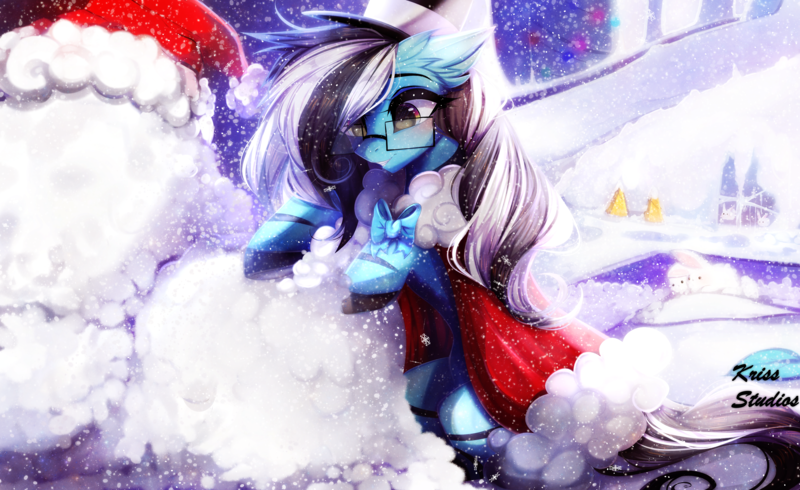 Size: 4900x3000 | Tagged: safe, artist:krissstudios, derpibooru import, oc, oc:purapoint, earth pony, pony, blue pony, christmas, clothes, cute, earth pony oc, glasses, happy, hat, holiday, image, long tail, male, multicolored eyes, png, santa hat, snow, snowfall, solo, stallion, stripes, tail, top hat, wholesome