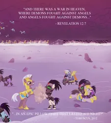 Size: 1280x1416 | Tagged: safe, derpibooru import, screencap, earth pony, pegasus, pony, unicorn, the cutie re-mark, alternate timeline, apocalypse, battlefield, bible verse, crystal war timeline, darksiders, fight, image, png, religion, royal guard, text, tobuscus