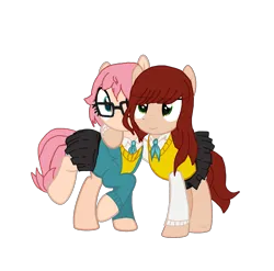 Size: 1805x1780 | Tagged: safe, artist:inventanator, derpibooru import, oc, earth pony, pony, derpibooru community collaboration, 2023 community collab, asagao academy, clothes, duo, earth pony oc, eyebrows, eyebrows visible through hair, female, hana, image, mai, mare, necktie, normal boots club, png, school uniform, simple background, skirt, transparent background