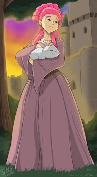 Size: 2122x3857 | Tagged: safe, artist:shonuff44, derpibooru import, angel bunny, fluttershy, human, rabbit, animal, castle, clothes, commission, dress, duo, female, high res, humanized, image, looking away, medieval, png, princess, smiling