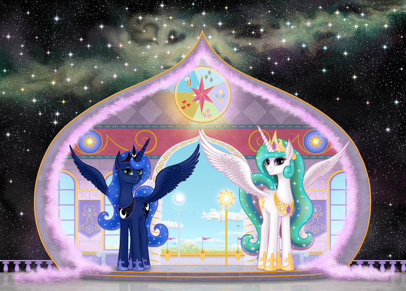 Size: 2900x2080 | Tagged: safe, artist:xodok, derpibooru import, princess celestia, princess luna, alicorn, pony, series:ponyashnost, cutie mark, equestria, female, image, jpeg, looking at you, magic, portal, royal sisters, siblings, sisters, spread wings, stars, wings