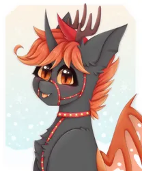 Size: 2000x2400 | Tagged: safe, artist:saltyvity, derpibooru import, oc, alicorn, changedling, changeling, pony, bat wings, black, blushing, christmas, commission, cute, ear fluff, embarrassed, fawn, fluffy, happy new year, holiday, horn, image, licking, licking lips, orange eyes, orange hair, png, snow, snowfall, snowflake, solo, sparkles, tongue out, wings, winter