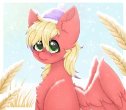 Size: 2400x2100 | Tagged: safe, artist:saltyvity, derpibooru import, oc, pegasus, pony, blue background, blushing, christmas, commission, cute, cute smile, ear fluff, embarrassed, fluffy, grass, green eyes, hat, holiday, image, png, red, simple background, snow, snowfall, snowflake, solo, sparkles, wings, winter, yellow hair