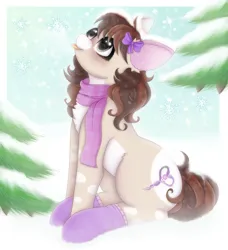 Size: 2100x2300 | Tagged: safe, artist:saltyvity, derpibooru import, oc, earth pony, pony, blue background, blushing, bow, brown eyes, brown hair, christmas, christmas tree, clothes, commission, cute, ear fluff, embarrassed, fluffy, holiday, image, licking, licking lips, png, purple, scarf, simple background, snow, snowfall, snowflake, sock, socks, solo, sparkles, tongue out, tree, winter