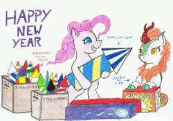 Size: 2238x1570 | Tagged: safe, artist:assertiveshypony, derpibooru import, autumn blaze, pinkie pie, earth pony, kirin, pony, bipedal running, box, boxers, clothes, crates, drawing, fireworks, happy new year, happy new year 2023, holiday, image, implied nirik, jpeg, running, running with fireworks, simple background, smiling, standing on two hooves, this will end in explosions, traditional art, underwear