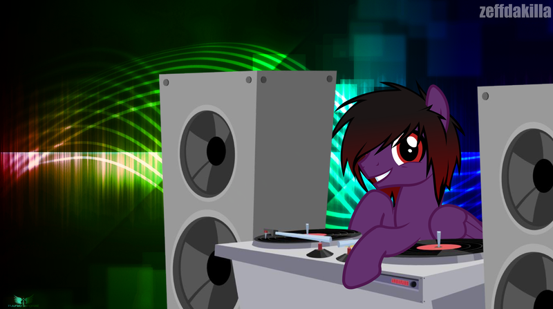 Size: 4435x2477 | Tagged: safe, artist:zeffdakilla, derpibooru import, oc, oc:frankie fang, unofficial characters only, pegasus, pony, abstract background, dj booth, emo, image, looking at you, png, raised hoof, record, scene, scene kid, smiling, smiling at you, solo, speaker, turntable