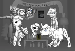 Size: 2480x1709 | Tagged: safe, artist:damset, derpibooru import, oc, oc:da-mset, unofficial characters only, changeling, 3d, cider, cloak, clothes, drunk, g1, g2, g3, g3.5, happy new year, happy new year 2023, holiday, image, jpeg, monochrome, one eyed, party, pony in a bottle, squatpony, t pose, warp-zone