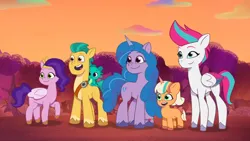 Size: 3072x1727 | Tagged: safe, derpibooru import, screencap, hitch trailblazer, izzy moonbow, pipp petals, sparky sparkeroni, zipp storm, dragon, earth pony, pegasus, pony, unicorn, my little pony: tell your tale, spoiler:g5, spoiler:my little pony: tell your tale, spoiler:tyts01e42, baby, baby dragon, female, filly, firework-ing together, foal, g5, high res, image, jpeg, male, mare, open mouth, open smile, peach fizz, smiling, stallion, youtube link