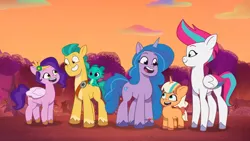 Size: 3072x1727 | Tagged: safe, derpibooru import, screencap, hitch trailblazer, izzy moonbow, pipp petals, sparky sparkeroni, zipp storm, dragon, earth pony, pegasus, pony, unicorn, my little pony: tell your tale, spoiler:g5, spoiler:my little pony: tell your tale, spoiler:tyts01e42, baby, baby dragon, female, filly, firework-ing together, foal, g5, grin, high res, image, jpeg, looking at each other, looking at someone, male, mare, open mouth, open smile, peach fizz, smiling, smiling at each other, stallion, youtube link