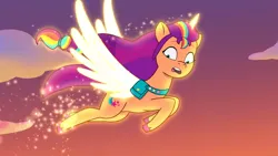 Size: 3072x1727 | Tagged: safe, derpibooru import, screencap, sunny starscout, alicorn, pony, my little pony: a new generation, my little pony: tell your tale, spoiler:g5, spoiler:my little pony: tell your tale, spoiler:tyts01e42, female, firework-ing together, flying, g5, glow, glowing horn, high res, horn, image, jpeg, mare, open mouth, race swap, solo, spread wings, sunnycorn, wings, youtube link