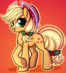 Size: 711x789 | Tagged: safe, artist:kannakiller, derpibooru import, applejack, earth pony, pony, christmas, commission result, digital art, female, full body, happy new year, hat, holiday, holly, image, looking at you, mare, png, simple background, smiling, smiling at you, solo, sparkles