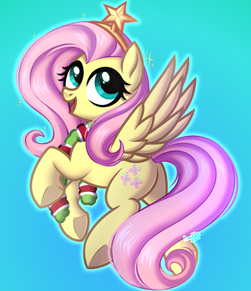 Size: 735x850 | Tagged: safe, artist:kannakiller, derpibooru import, fluttershy, pegasus, pony, butt, christmas, commission result, digital art, female, flying, full body, happy new year, holiday, image, looking back, mare, open mouth, plot, png, raised hoof, simple background, smiling, solo, stars, tinsel, wings