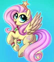 Size: 735x850 | Tagged: safe, artist:kannakiller, derpibooru import, fluttershy, pegasus, pony, butt, christmas, commission result, digital art, female, flying, full body, happy new year, holiday, image, looking back, mare, open mouth, plot, png, raised hoof, simple background, smiling, solo, stars, tinsel, wings