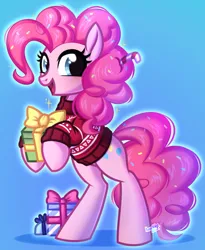 Size: 696x850 | Tagged: safe, artist:kannakiller, derpibooru import, pinkie pie, earth pony, pony, candy, candy cane, christmas, clothes, commission result, digital art, food, full body, happy new year, holiday, image, looking at you, png, present, simple background, smiling, smiling at you, solo, standing, sweater