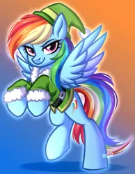Size: 661x850 | Tagged: safe, artist:kannakiller, derpibooru import, rainbow dash, pegasus, pony, christmas, clothes, commission result, digital art, female, happy new year, hat, holiday, image, looking at you, mare, png, raised hoof, simple background, smiling, smiling at you, solo, standing, wings