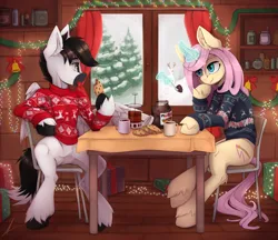 Size: 4000x3450 | Tagged: safe, artist:midnightflight, derpibooru import, oc, unofficial characters only, pegasus, pony, unicorn, cookie, cup, food, happy new year, holiday, horn, image, kitchen, new year, nutella, oc x oc, pegasus oc, png, present, shipping, teacup, unicorn oc, wings