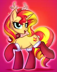 Size: 677x850 | Tagged: safe, artist:kannakiller, derpibooru import, sunset shimmer, pony, unicorn, bells, choker, christmas, clothes, collar, commission result, deer horn, digital art, female, full body, happy new year, holiday, horn, image, looking at you, mare, open mouth, png, raised hoof, simple background, smiling, socks, solo, sparkles, stockings, thigh highs
