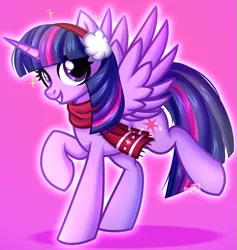 Size: 735x776 | Tagged: safe, artist:kannakiller, derpibooru import, twilight sparkle, twilight sparkle (alicorn), alicorn, pony, christmas, clothes, commission result, female, full body, happy new year, holiday, horn, image, looking at you, mare, png, raised hoof, scarf, simple background, smiling, smiling at you, solo, sparkles, wings