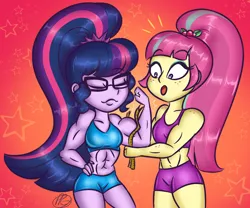 Size: 1396x1164 | Tagged: safe, artist:purfectprincessgirl, derpibooru import, sci-twi, sour sweet, twilight sparkle, equestria girls, abs, biceps, clothes, flexing, glasses, image, measuring tape, muscles, png, sci-twi muscle, shorts, smug, sour swole, sports bra, sports shorts, surprised