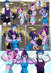 Size: 1920x2716 | Tagged: safe, artist:dncsamsonart, derpibooru import, princess cadance, sci-twi, shining armor, twilight sparkle, equestria girls, abs, alumnus shining armor, biceps, clothes, dean ca-dense, dean cadance, dumbbell (object), family, glasses, gritted teeth, gym, image, jpeg, muscles, sci-twi muscle, shorts, smiling, sports bra, sports shorts, sweat, swelling armor, teeth, twilight muscle, vein bulge, weights, workout, workout outfit
