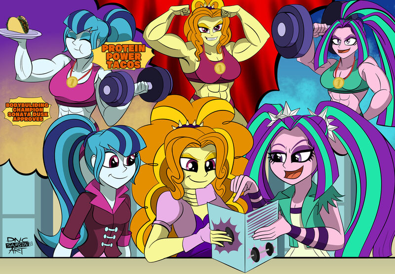 Size: 1920x1334 | Tagged: safe, artist:dncsamsonart, derpibooru import, adagio dazzle, aria blaze, sonata dusk, equestria girls, abs, acardio dazzle, aria brute, aria buff, biceps, bodybuilder, bodybuilding contest, clothes, dumbbell (object), flexing, food, image, jpeg, medal, muscles, plate, smiling, strong, swolenata dusk, taco, thought bubble, weights, workout outfit