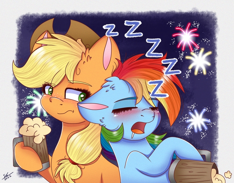 Size: 1901x1488 | Tagged: safe, artist:galaxy swirl, derpibooru import, applejack, rainbow dash, earth pony, pegasus, pony, :s, appledash, applejack is not amused, cider, drool, ear fluff, eyebrows, eyebrows visible through hair, eyes closed, female, fireworks, image, jpeg, lesbian, onomatopoeia, open mouth, shipping, sleeping, sleepydash, sound effects, unamused, wavy mouth, zzz