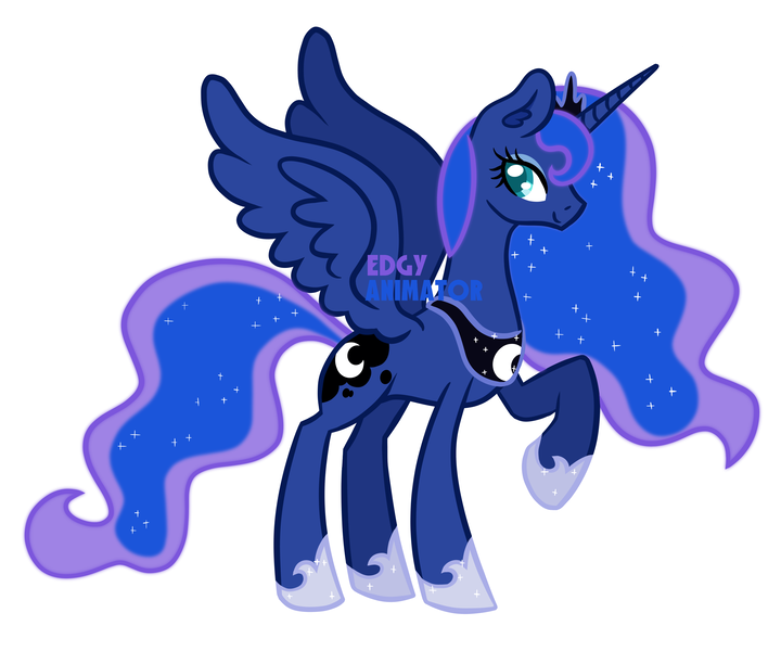 Size: 3000x2500 | Tagged: safe, derpibooru import, princess luna, alicorn, pony, blue, blue coat, crown, cute, digital art, ear fluff, eyeshadow, fanart, female, full body, happy, hoof shoes, horn, image, jewelry, makeup, mare, png, raised hoof, regalia, simple background, smiling, solo, spread wings, standing, tail, tiara, white background, wings