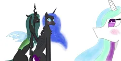 Size: 1641x828 | Tagged: safe, artist:nismorose, derpibooru import, nightmare moon, princess celestia, queen chrysalis, alicorn, changeling, changeling queen, pony, blushing, chest fluff, chrysmoon, clothes, cutie mark, ear fluff, ethereal mane, eye clipping through hair, eyeshadow, fangs, female, g4, grin, horn, image, insect wings, jpeg, lesbian, makeup, mare, no mouth, see-through, sharp teeth, shipping, shocked, shocked expression, simple background, sitting, slit pupils, smiling, sparkly mane, starry mane, teeth, white background, wide eyes, wings