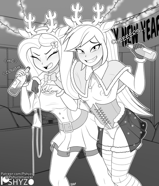 Size: 2100x2450 | Tagged: questionable, artist:pshyzomancer, derpibooru import, fluttershy, rainbow dash, human, equestria girls, animal costume, black and white, blushing, bra, braless, christmas, christmas lights, clothes, corset, costume, coughing, drinking, drunk, eyes closed, grayscale, grin, happy new year, holiday, image, monochrome, naked cape, new years eve, nipples, nudity, partial nudity, patreon, patreon logo, png, reindeer costume, smiling, underwear