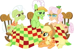 Size: 4551x3000 | Tagged: safe, artist:cloudyglow, derpibooru import, apple rose, applejack, auntie applesauce, granny smith, apple family reunion, image, png, rocking chair, simple background, transparent background, vector