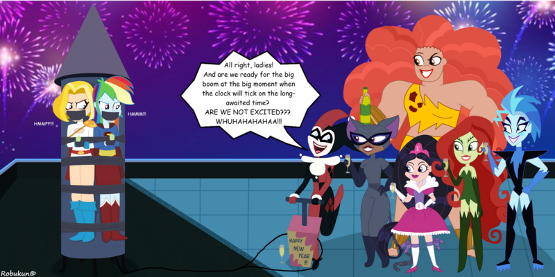 Size: 1264x632 | Tagged: safe, artist:robukun, derpibooru import, rainbow dash, equestria girls, catwoman, crossover, dc comics, dc superhero girls, gag, giganta, harley quinn, image, livewire, new years eve, png, poison ivy, star sapphire, supergirl, tape, tape gag, tied up