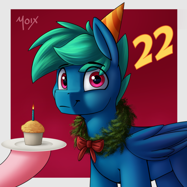Size: 4000x4000 | Tagged: safe, artist:supermoix, derpibooru import, oc, oc:supermoix, pegasus, pony, birthday, candle, cute, food, hat, image, looking at you, muffin, party, party hat, png, smiling, solo, standing