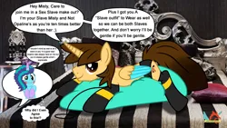Size: 3840x2160 | Tagged: suggestive, artist:ejlightning007arts, derpibooru import, edit, oc, oc:ej, alicorn, leech, pony, unicorn, g5, my little pony: make your mark, bedroom, blushing, canon x oc, clothes, coat markings, collar, cute, ejmisty, female, image, implied opaline, implied sex, male, mare, misty brightdawn, mistybetes, out of character, out of context, pillow, png, sex slave, sexy, slave, socks, socks (coat marking), speech bubble, stallion, thought bubble, underwear, watermark