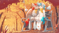 Size: 1920x1080 | Tagged: safe, artist:peachmayflower, artist:tx547, derpibooru import, oc, oc:ericken, oc:time slowly, unofficial characters only, alicorn, pony, unicorn, alicorn oc, animated, bench, blushing, clothes, duo, forest, glasses, horn, image, leaves, scarf, tree, webm, wings