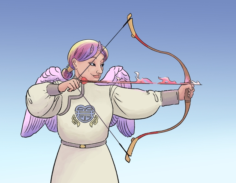 Size: 1040x807 | Tagged: safe, artist:adeptus-monitus, derpibooru import, princess cadance, human, arrow, bow, clothes, cupid, humanized, image, jpeg, mongol, solo