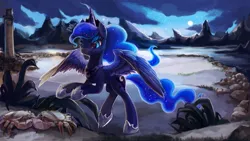 Size: 1280x721 | Tagged: safe, artist:artpaca, derpibooru import, princess luna, alicorn, crab, pony, blue mane, blue tail, cloud, commission, crown, cute, digital art, eyelashes, eyeshadow, feather, female, flowing mane, flowing tail, hoof shoes, horn, ice, image, jewelry, jpeg, lake, lidded eyes, light, lighthouse, makeup, mare, moon, mountain, plant, raised hoof, regalia, rock, signature, sky, snow, solo, spread wings, stars, tail, water, wings