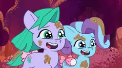 Size: 3072x1727 | Tagged: safe, derpibooru import, screencap, earth pony, pegasus, pony, g5, my little pony: tell your tale, spoiler:g5, spoiler:my little pony: tell your tale, spoiler:tyts01e42, crying, duo, duo female, female, filly, firework-ing together, foal, gloradorable, glory (g5), heartwarming, high res, image, jpeg, open mouth, open smile, primal instinct, running, seashell (g5), shellabetes, smiling, tears of joy, youtube link