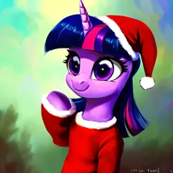 Size: 1080x1080 | Tagged: safe, derpibooru import, machine learning generated, purplesmart.ai, stable diffusion, twilight sparkle, pony, unicorn, christmas, clothes, costume, hat, holiday, image, png, santa costume, santa hat, smiling, solo